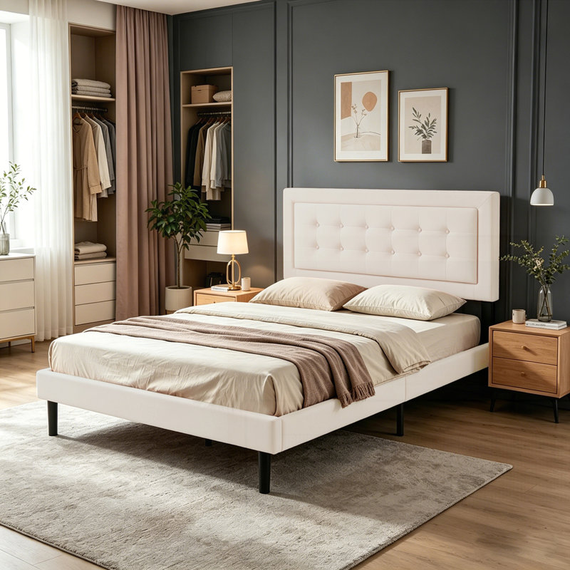 Structure de lit plateforme tapissier avec support en lattes de bois, Beige