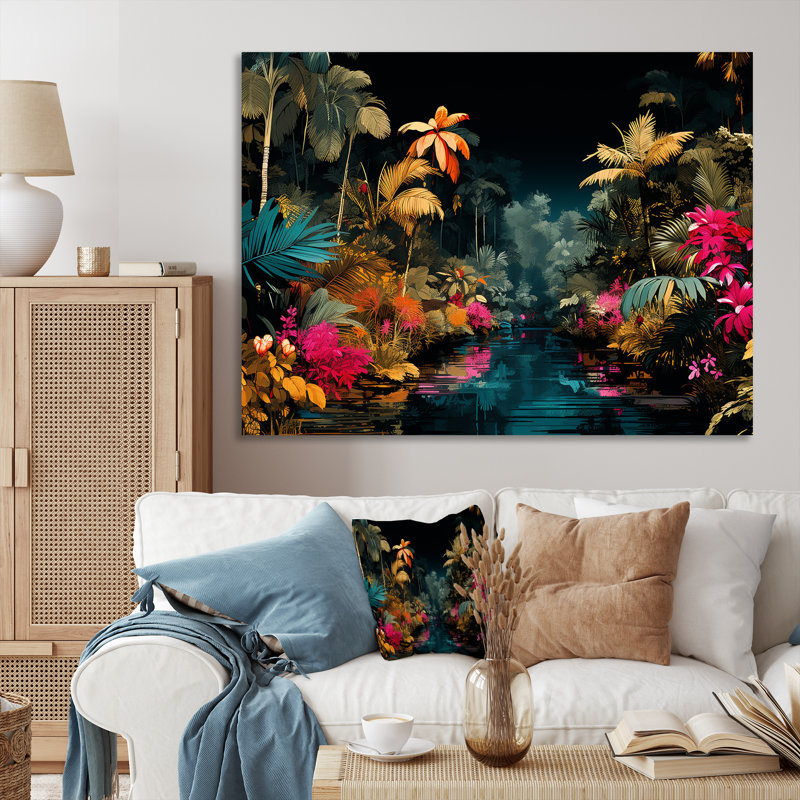 Fleurs roses et bleues de la jungle tropicale - Art mural jungle, Toile tendue, H 12 po x l 20 po x P 1 po