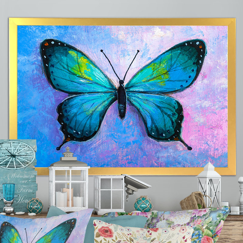 Papillon monarque abstrait - peinture sur toile, Cadre doré, H 24 po x l 36 po x P 1 po