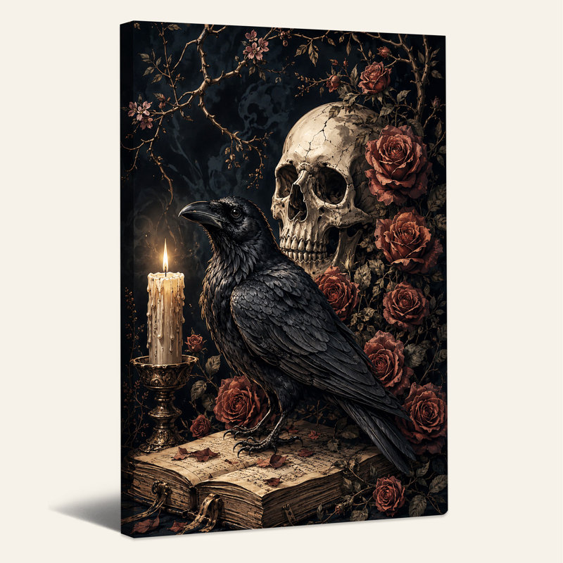 Art mural sur toile Halloween corbeau foncé et crâne avec des roses rouges, H 24 po x l 16 po