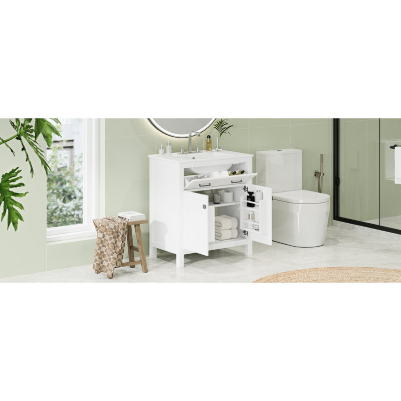 Meuble-lavabo de 30 po avec lavabo en céramique, 2 portes et tablette de style blanc moderne, porte à fermeture douce, armoire de 30 po de fabrication ferme