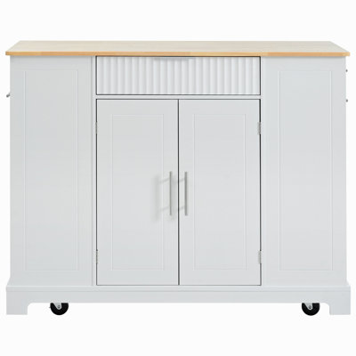 Fluted Kitchen Island With Trash Can Storage Cabinet, Power Outlet, Internal Storage Rack, Rolling Kitchen Islands On 5 Wheels With 3 Drawer, 3 Open Side Racks For 10 Gallon Garbage Bin, White