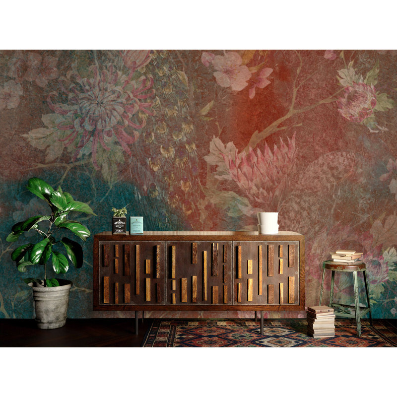 Chinoiserie Retro Chrysanthemum And Sakura Blossom Peacock Wallpaper, 75" L x 112" W