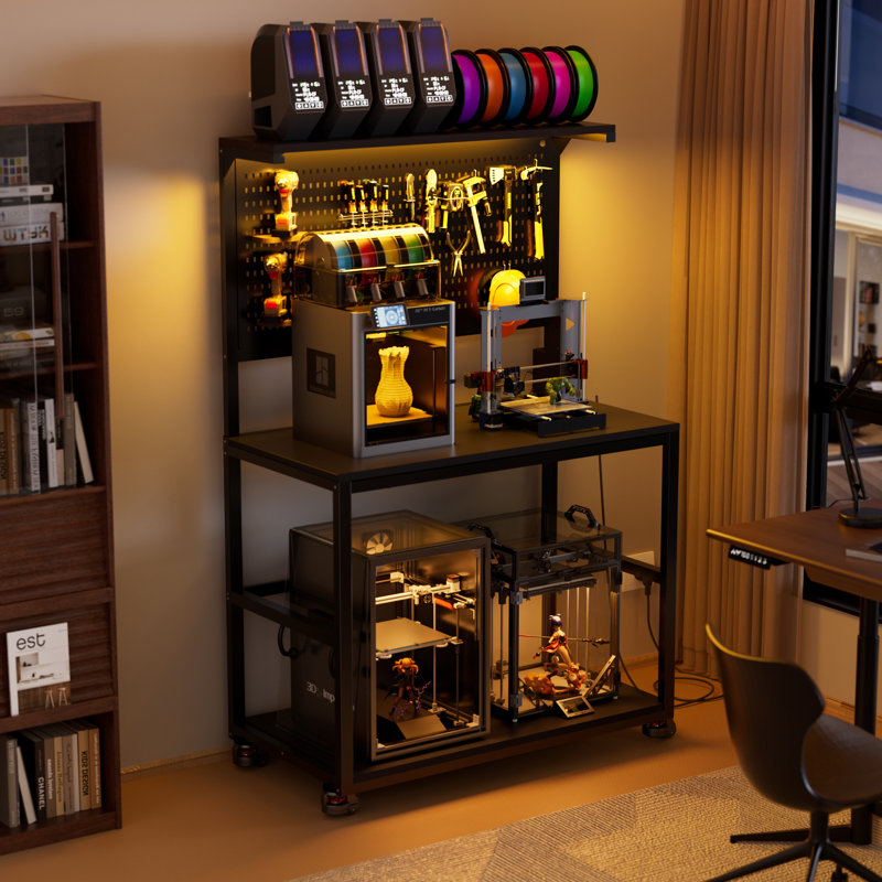 Support pour imprimante 3D avec plan de travail à filament, table pour imprimante 3D avec station de charge et lumières à DEL, bureau pour imprimante à roulettes robuste avec panneau perforé pour atelier, bureau, garage (noir, grand)