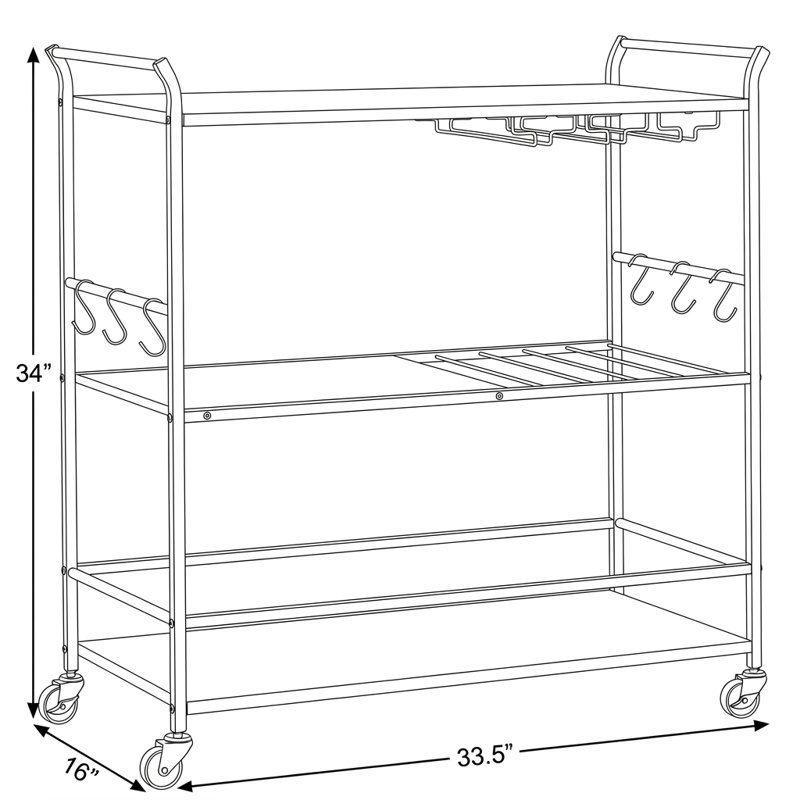 Chariot-bar roulant à 3 niveaux de 33,3 po avec porte-bouteilles et porte-verres, Brown, 33.5"L x 16"W x 34"H