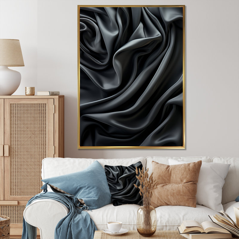 Silk Fractal Noir Curves II - impression d'art mural fractal, Cadre flottant doré, H 44 po x l 34 po x P 1,5 po