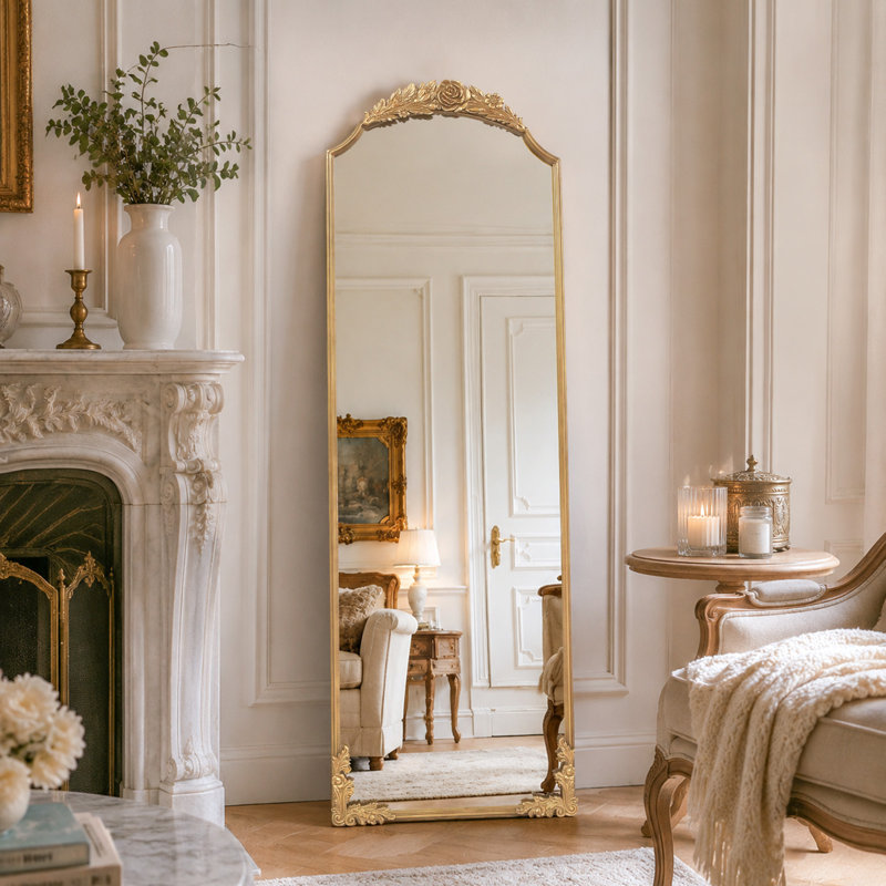 Miroir mural rétro arqué or rétro - miroir décoratif de style antique français orné, grand miroir de meuble-lavabo arqué pour entrée, cheminée, salon ou chambre à coucher, fixé au mur ou incliné