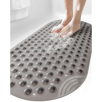 Tapis de bain antidérapant 16 x 35, tapis de douche pour baignoire de salle de bain, tapis de bain ovale lavable avec ventouses et trous de bonde, gris clair
