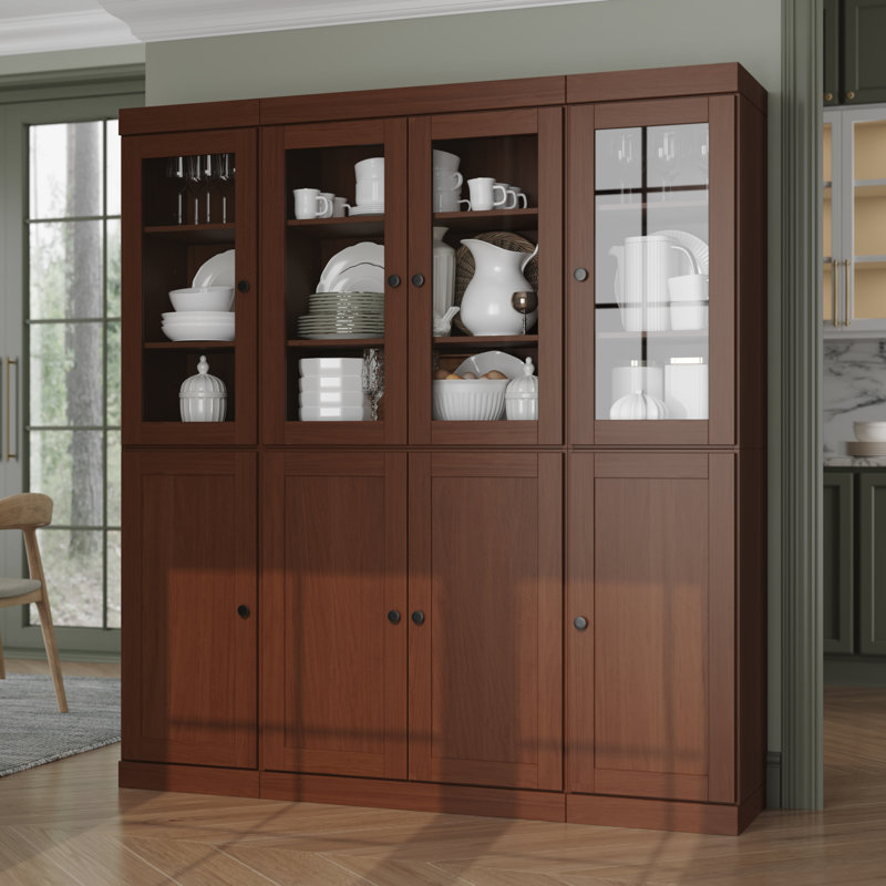 Vaisselier 100% bois massif 65 po avec verre transparent, portes Shaker et tablettes réglables, Moka