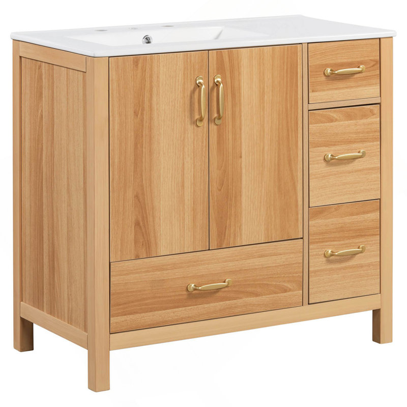 Meuble-lavabo en bois 36 po avec cadre en bois, 2 portes à fermeture douce, 4 tiroirs à fermeture douce, tablette réglable, armoire de rangement moderne
