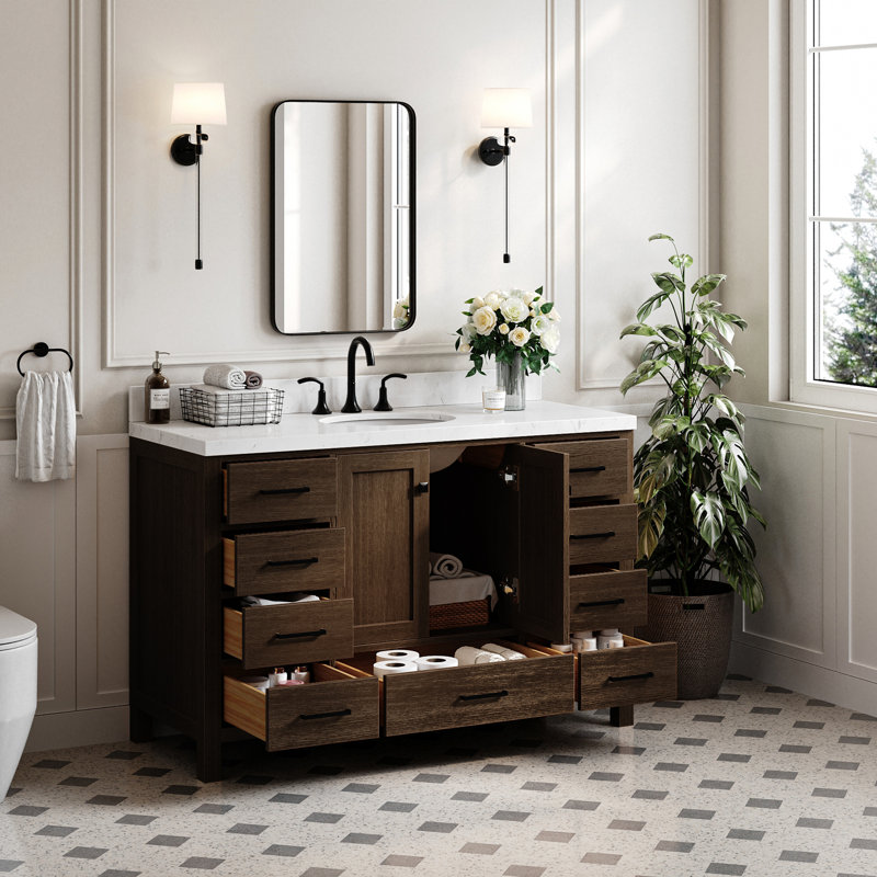Amariani 54.25'' Single Bathroom Vanity with Top, Brown Oak/Matte Black