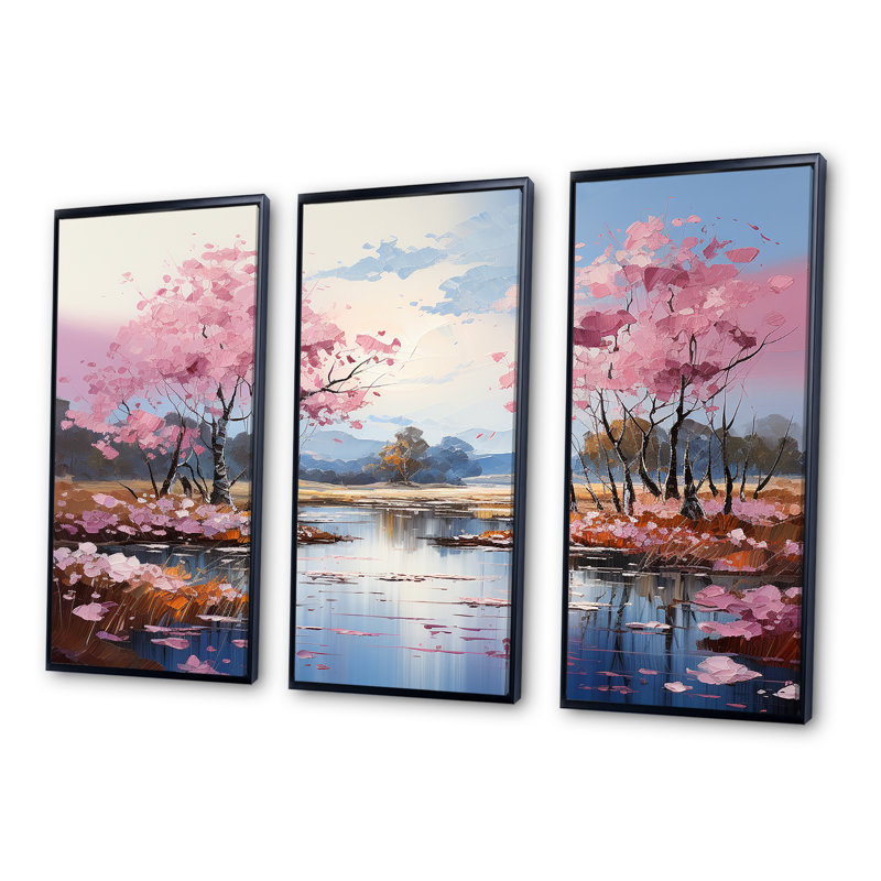 «Pink Trees Blooming In Country Charm I», ensemble d'art sur toile, Cadre flottant noir, H 32 po x l 48 po x P 1 po