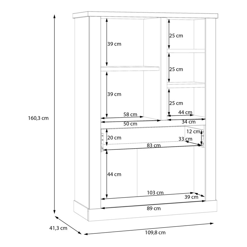 Modern Farmhouse Style Display Cabinet, 3 Doors, 1 Drawer, 3 Open Compartments, Engineered Wood, Black Oak/Light Oak Decor, 109.8 cm W x 160.3 cm H x 41.3 cm D