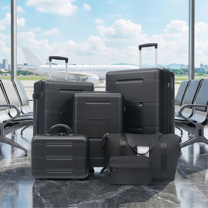 Ensemble de bagage 6 pièces, valise rigide avec roulettes doubles et verrou à mot de passe, Noir