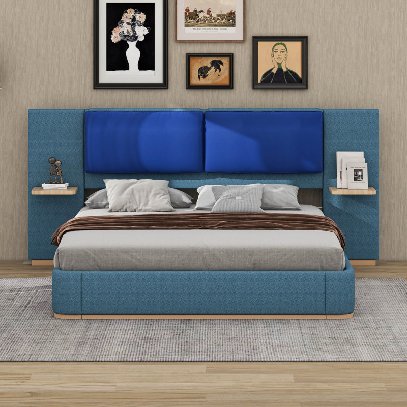 Upholstered Platform Bed With Panel, Anti-Collision Soft Rounded Corners, Blue, Queen