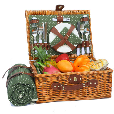 Panier de pique-nique pour 4 personnes avec couverture de pique-nique imperméable et glacière isolée, grand panier de pique-nique en osier pour le camping, à l'extérieur, la Saint-Valentin, Noël, anniversaire, cadeau de mariage