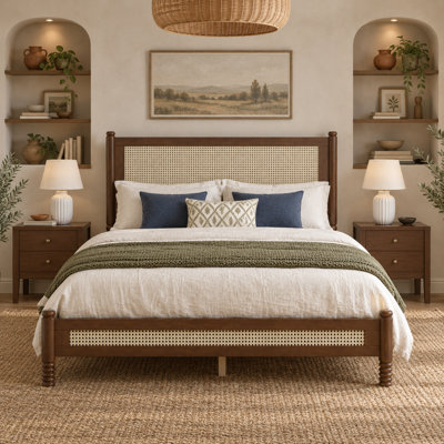 Full Size Bed Frame with Rattan Headboard and Footboard, Bohemia Woven Cane Platform Bed with Turned Legs, No Box Spring Needed, Easy Assembly, Brown