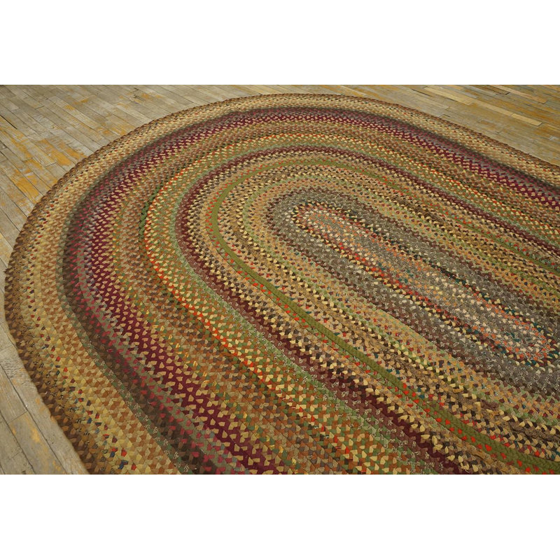 1940s Multicolor Modernist Antique American Braided Rug 7'6"x10'8" Wool Carpet