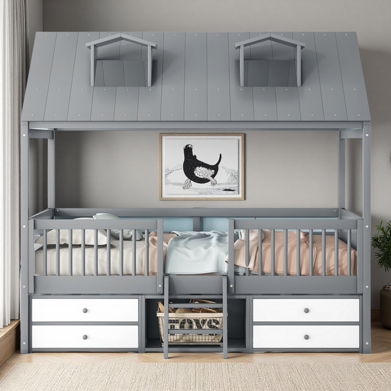 Wood Bed House Bed Frame, Gray, Full