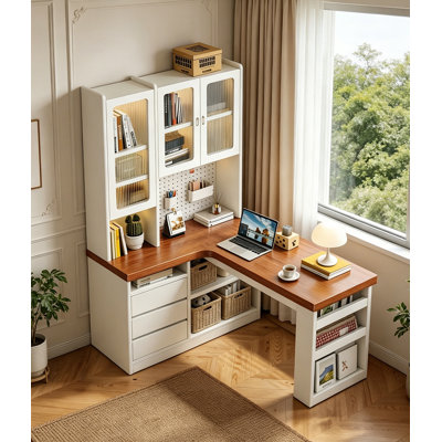Bureau d'étude en L en bois massif rétro avec rangement pour armoire