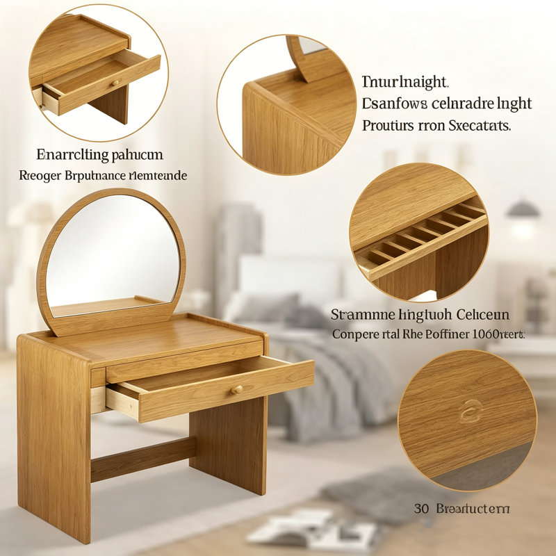  Table de coiffeuse avec miroir à écran tactile DEL, coiffeuse avec tiroir pour la chambre à coucher, naturel, Naturel