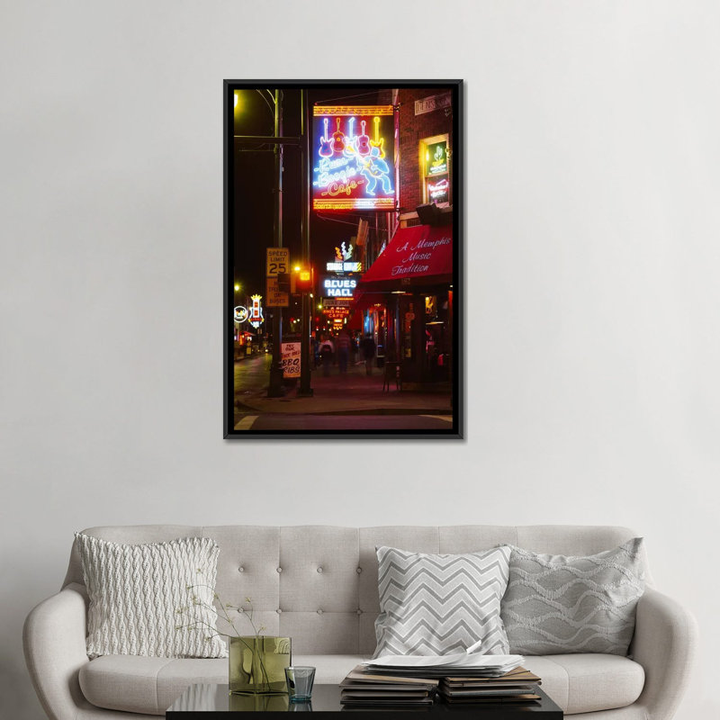 Impression de photographie sur toile tendue, "rum boogie café, memphis, tennessee", Toile avec cadre noir, Pas de tapis
