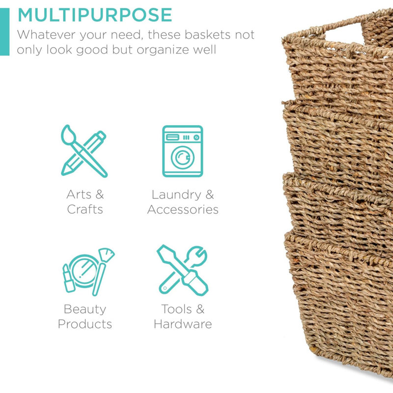 Rustic Set Of 4 Multipurpose Stackable Seagrass Storage Basket, Handwoven Laundry Organizer Totes For Bedroom And Living Room, Shelves, Pantry W/Insert Handles