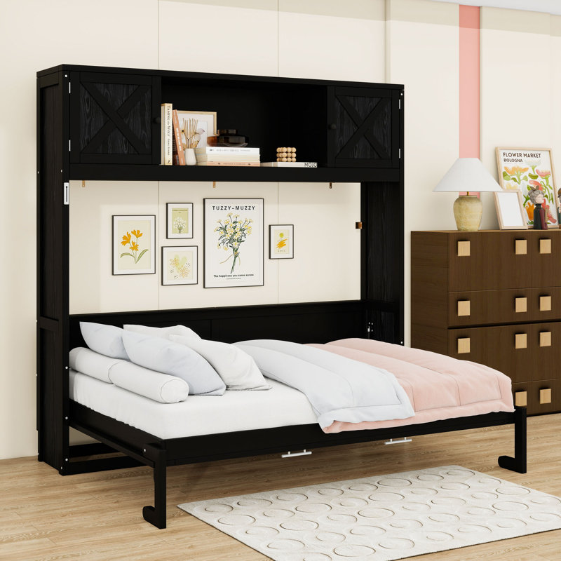 Lit escamotable double en bois avec armoires de rangement