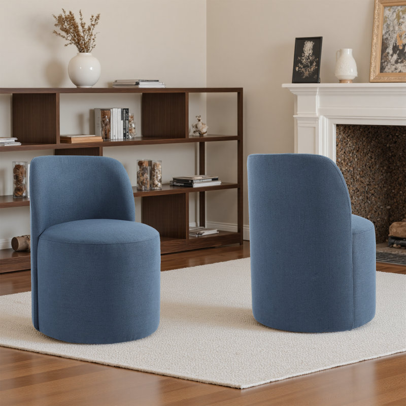 Chaise de salle à manger rembourrée en mélange de polyester bleu marine moderne (ensemble de 2), Lin bleu marine