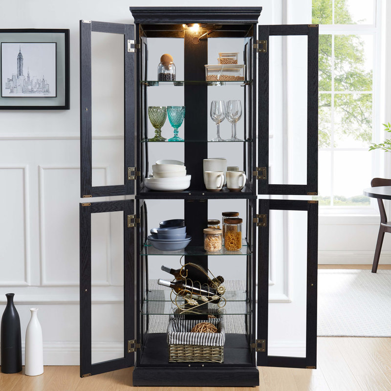 Bibliothèque éclairée à 6 niveaux avec portes en verre, tablettes réglables avec dossier en miroir, bibliothèque autoportante pour le salon, le bureau