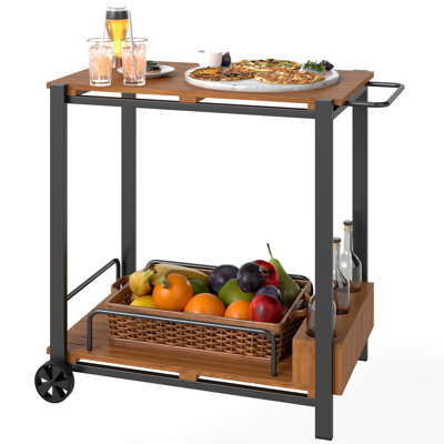 Acacia Wood Outdoor Bar Cart, Rolling 2-Tier Outdoor Serving Cart with 3 Bottle Holders and 2 Wheels for Kitchen, Patio, Garden, Balcony, Teak by 17 Stories
