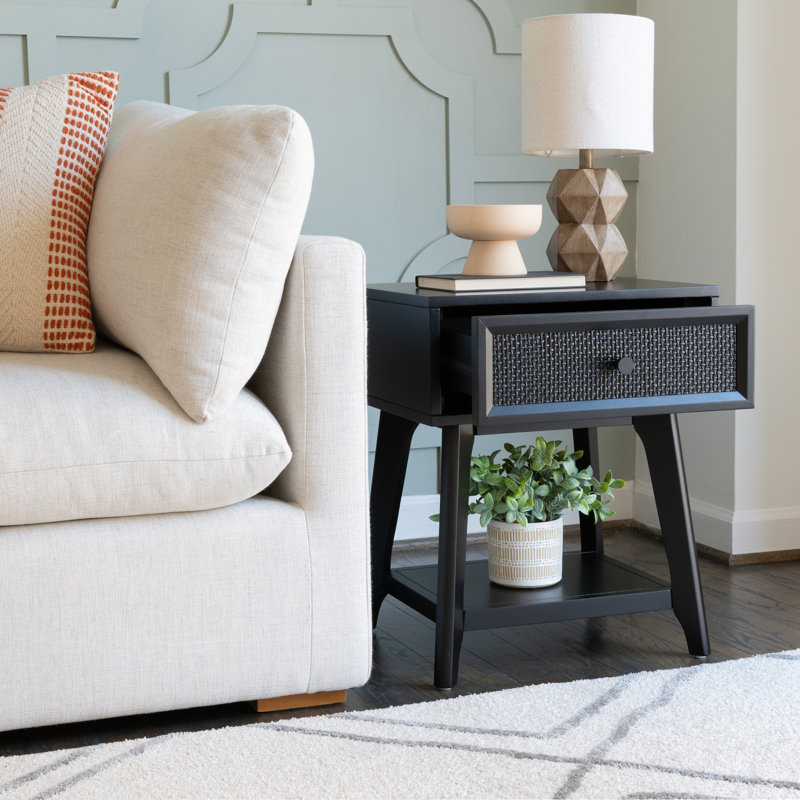 Cane Nightstand With Drawer and Shelf, Black