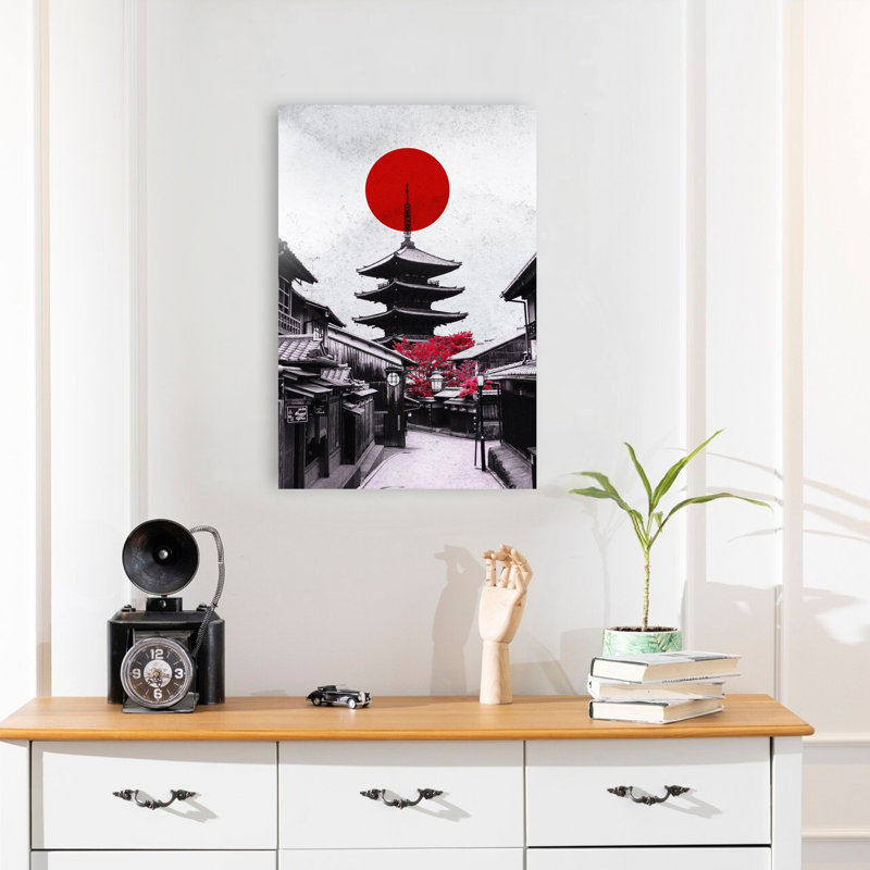Kyoto Pagoda Red Sun Contemporary Wall Art Print by Ariz Rab - Wrapped Canvas Print, 60.96cm H x 40.64cm W