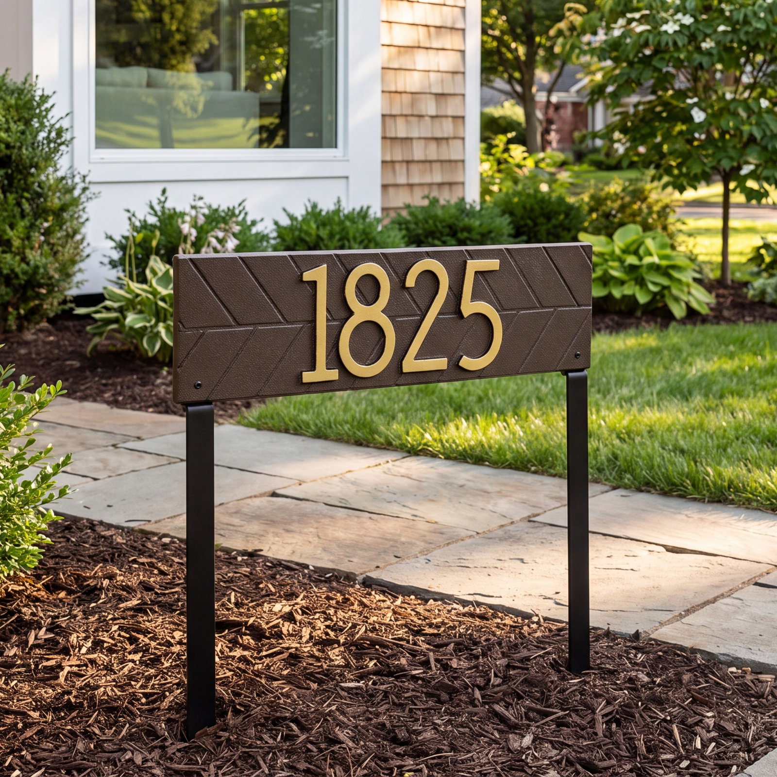 Mid-Century Modern Lawn Address Plaque, Yes, Dark Bronze/Gold