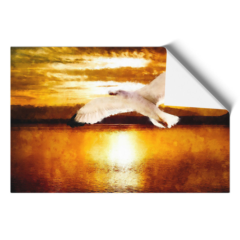 Seagull and Orange Sunset Painting - Frameless Print, 30cm H x 42cm W x 0.1cm D