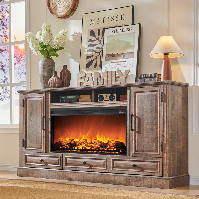 Elma Farmhouse Fireplace TV Stand, 70" TV Stand for TVs up to 80" with Electric Fireplace and Adjustable Shelves, Light Brown