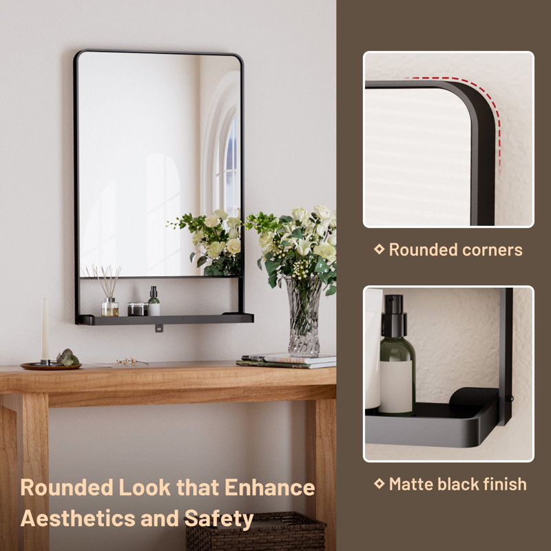 Tillymae Vertical Rectangle Wall Mirror with Shelves, 27.6" x 18", Black