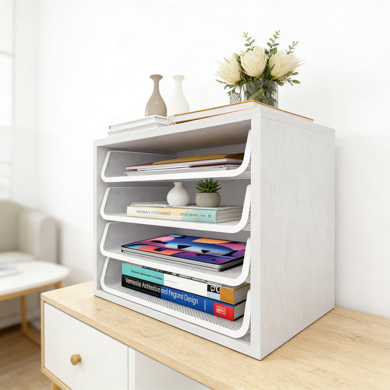 Classeur de bureau en bois à 4 niveaux avec tablettes en filet amovibles, trieur de papier grande capacité et porte-documents pour le bureau et la maison