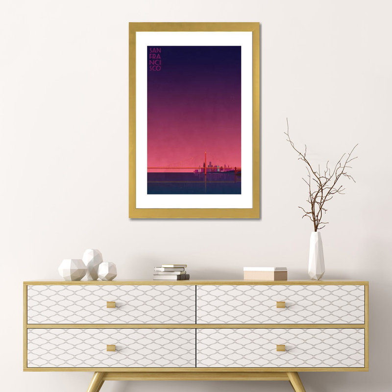 San Francisco Skyline - impression d'art graphique, Toile avec cadre argenté, H 26 po x l 18 po x 1,5 po, Aucun mat