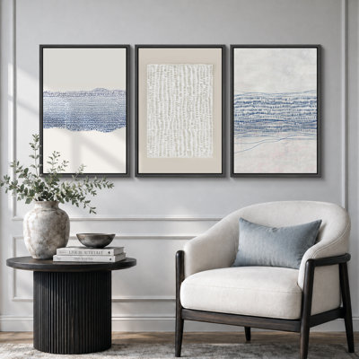Geometric Line "Grunge Beige Blue Abstract Artwork, Modern Neutral Minimalist Wall Pictures, Large Framed Canvas Giclee Print 3 Pieces Wall Art" 16x24x3 pcs, 24x36x3 pcs