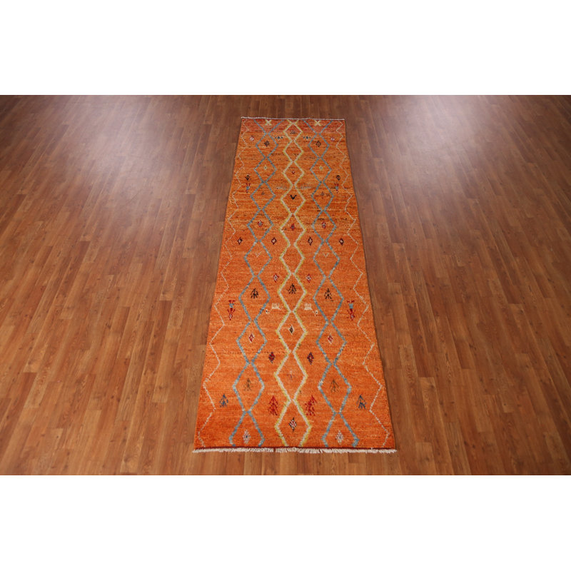 Orange Wool Moroccan Oriental Runner Rug 3x10