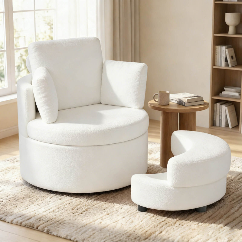 Fauteuil d'appoint pivotant à 360 ° avec repose-pieds demi-lune avec rangement et 3 coussins amovibles, blanc bureau, Blanc