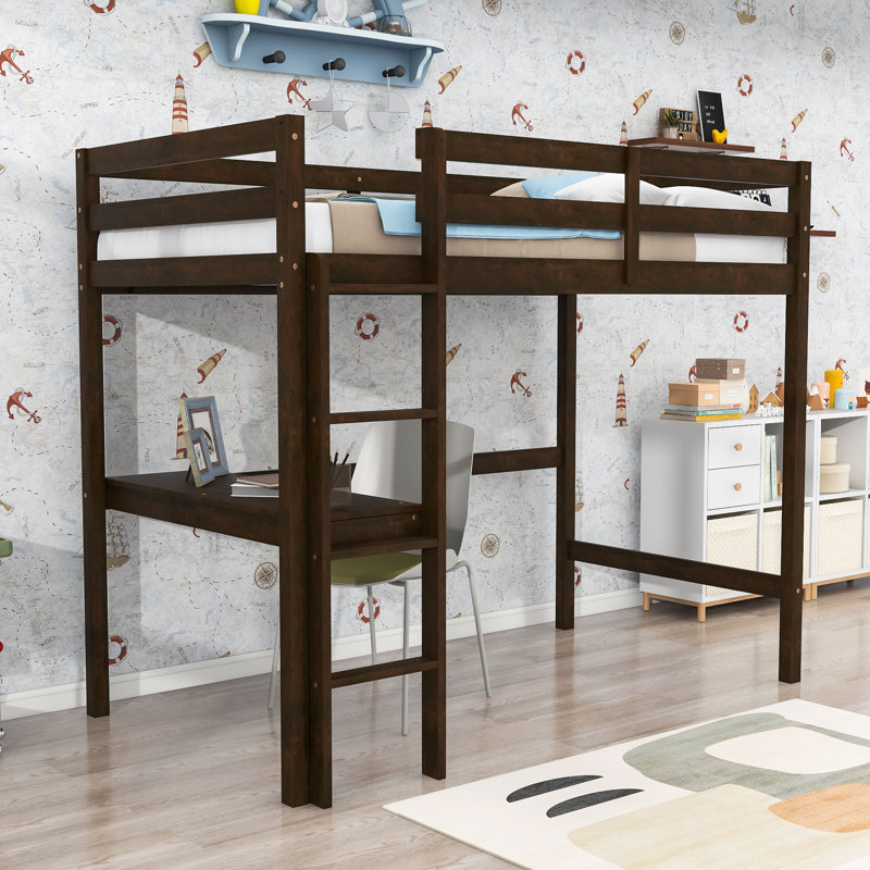 Twin Wood Loft Bed With Built-In Desk, Guardrail And Ladder, Espresso