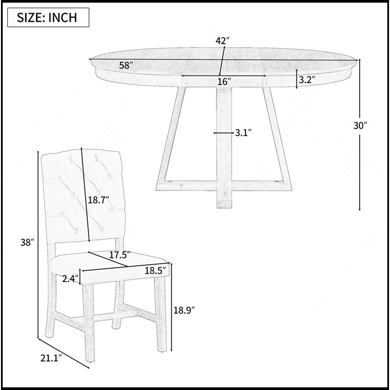 Ensemble de salle à manger rétro 5 pièces, table ronde avec rallonge de l 16 po et 4 chaises rembourrées pour salle à manger et salon (naturel)