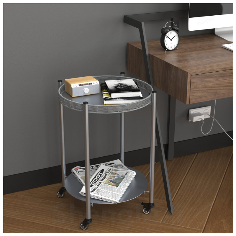 Table basse ronde avec roulettes, table d'appoint mobile à 2 niveaux, table de chevet amovible en métal argenté pour chambre à coucher et salon