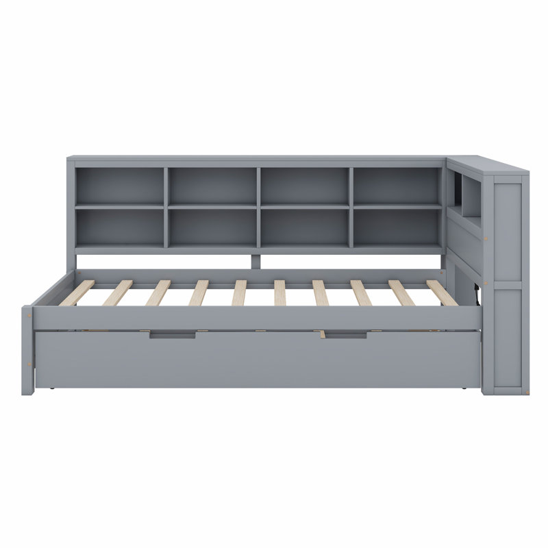 Wooden Daybed With Trundle, Daybed With Storage Shelf And USB Charging Ports, Gray