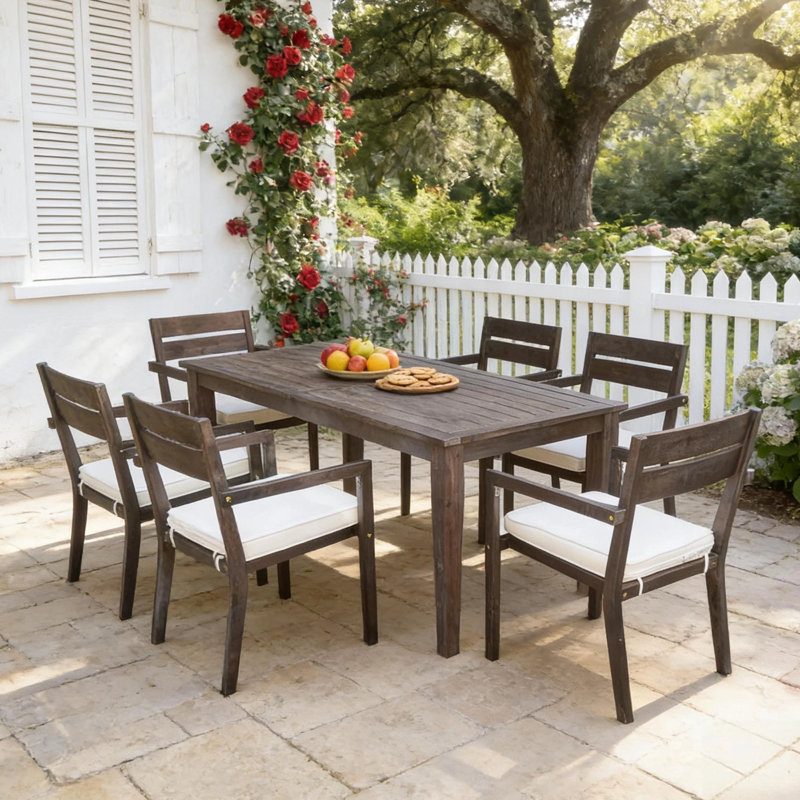7-Piece Acacia Wood Outdoor Dining Set With Cushions, Patio Table And 6 Chairs, Gray