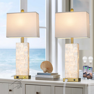 28” Elegant Shell-Inspired Table Lamp with USB Charging Ports, LED Bulbs and Nightlight