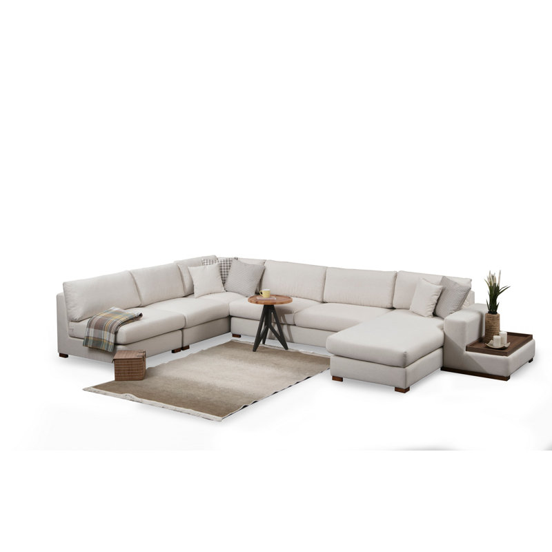 Stylish Corner Sofa with Beech Wood Frame, 8.9 x 14.1 ft | 100% Polyester Fabric, 85 in Height | Includes 5 Portable Cushions (18 x 18 in) | Durable Walnut Legs, Elegant Beige - Perfect for Scandinavian & Hotel Decor