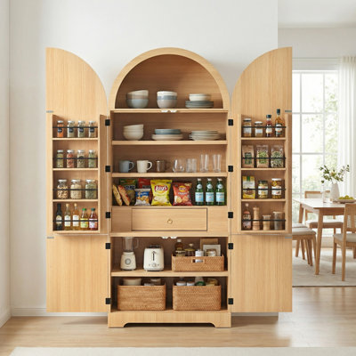 72" Tall Kitchen Pantry Storage Cabinet - Arched Fluted Design with Adjustable Shelves & Hidden Drawer for Dining Room/Kitchen